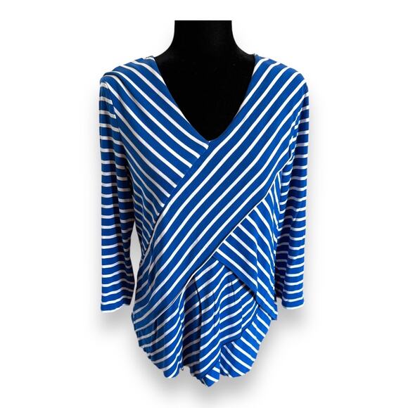 Chico's Womens Top Sz 1 M 8 Blue White Miraculous Stripe‎ Tiered Knit - Picture 8 of 13